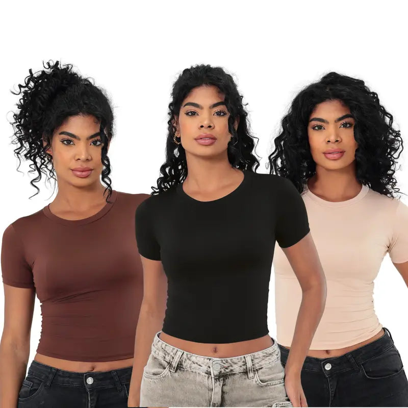 KIT 3: Baby Tee Feminina - Blusa Slim Fit Manga Curta - Blusa de Compressão