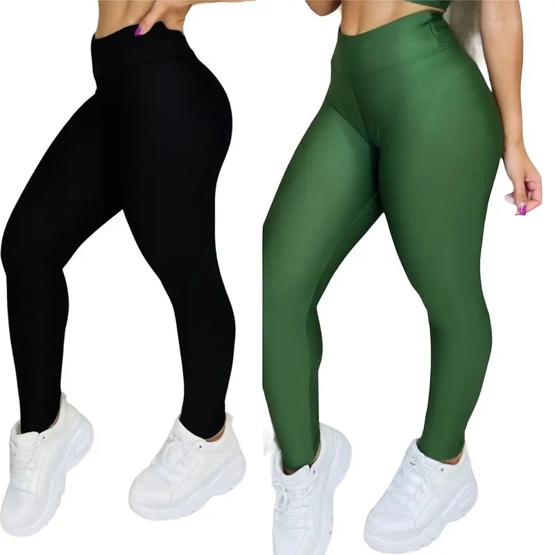 Kit 2 Calças Legging Femininas Suplex Liso Zero Transparência e Cintura Alta