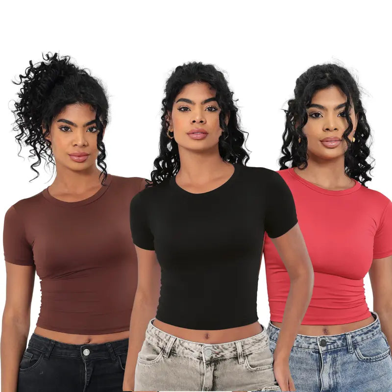 KIT 3: Baby Tee Feminina - Blusa Slim Fit Manga Curta - Blusa de Compressão