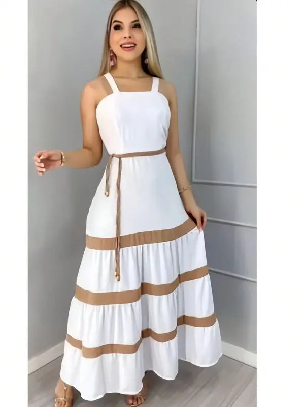 Vestido Longo Liso  Feminina Bicolor com forrto Casual Tecido Duna H-11