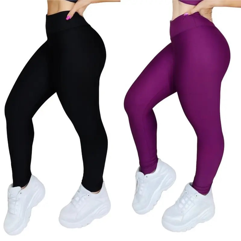 Kit 2 Calças Legging Femininas Suplex Liso Zero Transparência e Cintura Alta