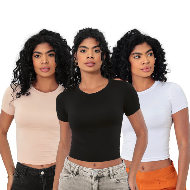 KIT 3: Baby Tee Feminina - Blusa Slim Fit Manga Curta - Blusa de Compressão