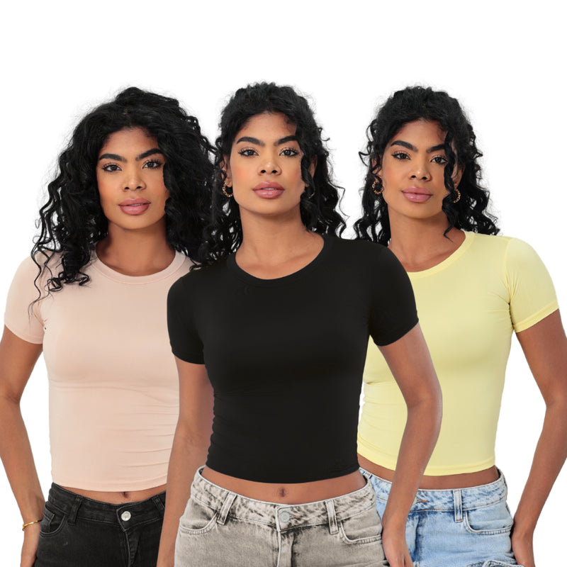KIT 3: Baby Tee Feminina - Blusa Slim Fit Manga Curta - Blusa de Compressão