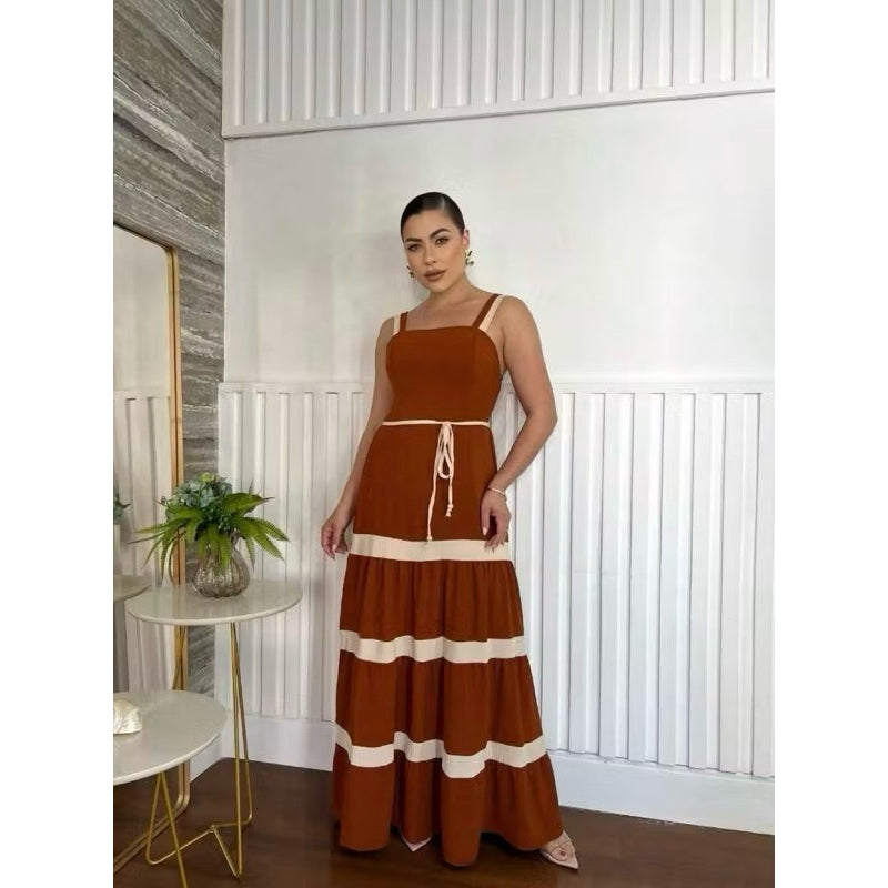 Vestido Longo Liso  Feminina Bicolor com forrto Casual Tecido Duna H-11