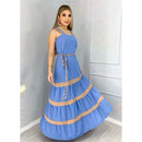 Vestido Longo Liso  Feminina Bicolor com forrto Casual Tecido Duna H-11