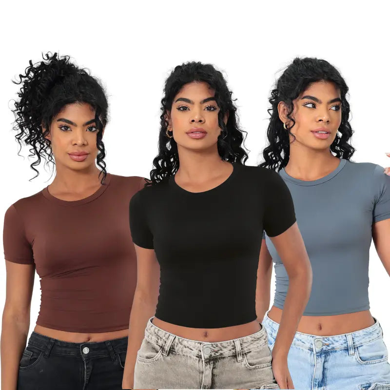 KIT 3: Baby Tee Feminina - Blusa Slim Fit Manga Curta - Blusa de Compressão