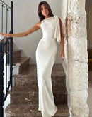 Vestido Longo Filipinas com Gola e Laço Diagonal