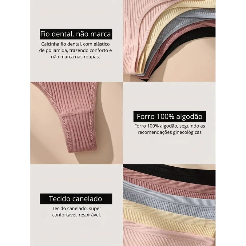 Kit 10 Calcinhas Fio Dental Feminina Algodão Canelado